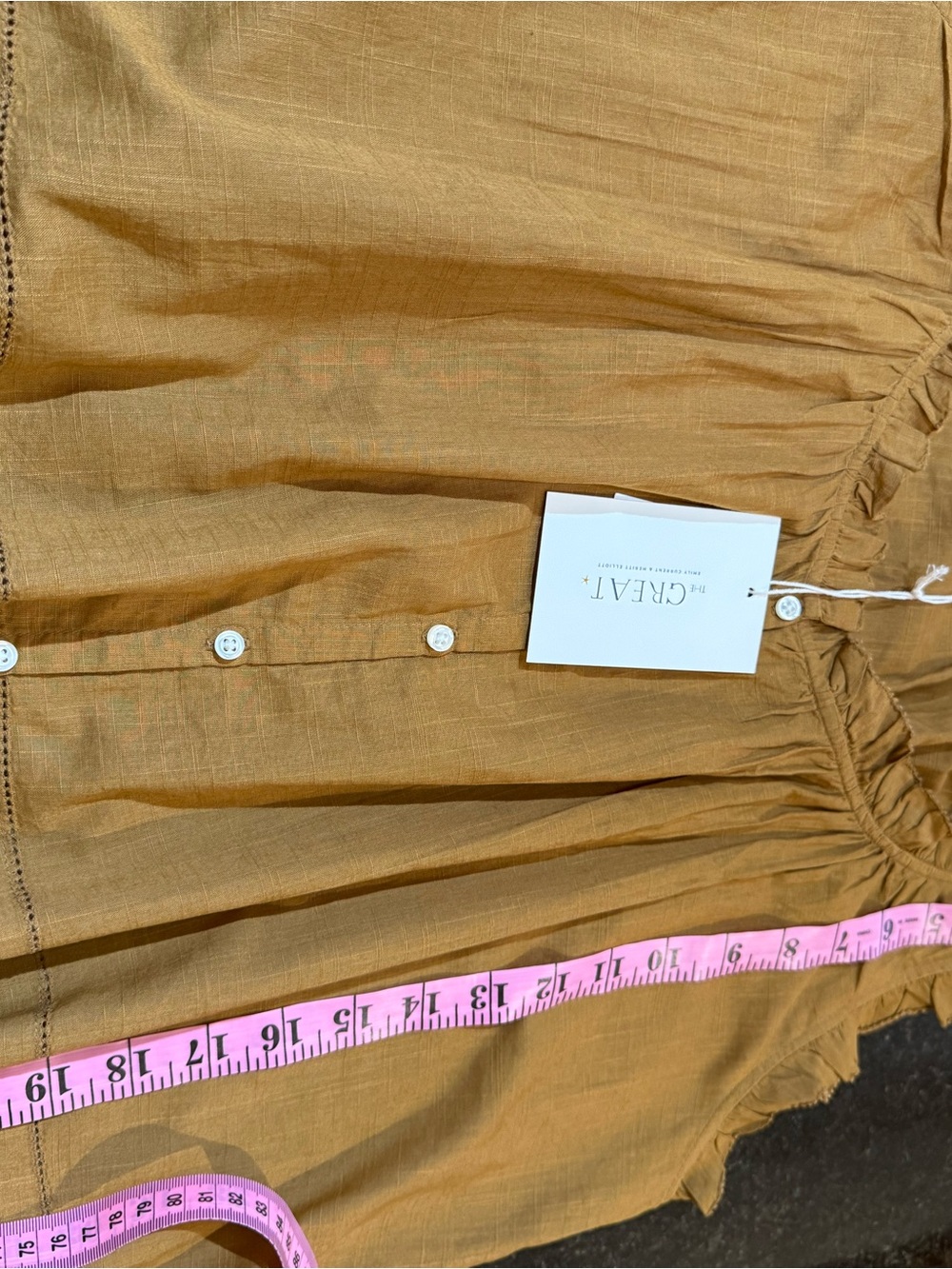 THE GREAT. Sleeveless Button-Front Ruffle Trim Top, Tank Top - Warm Caramel - Picture 11 of 12